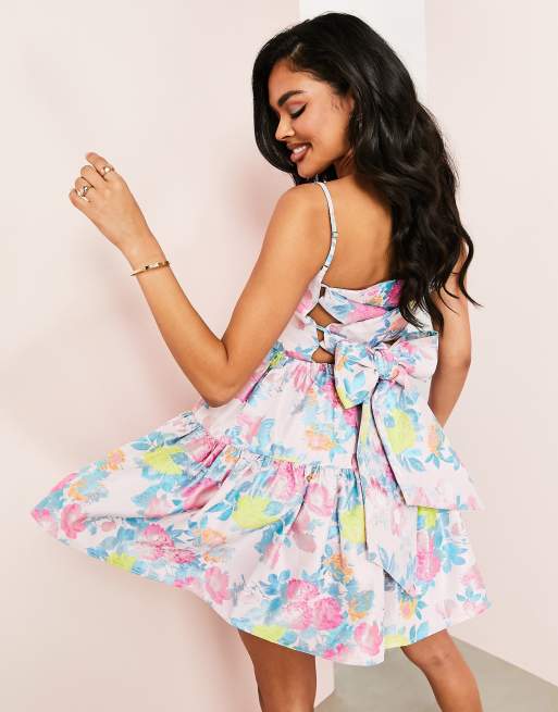 ASOS DESIGN mini smock dress with tie waist in floral jacquard