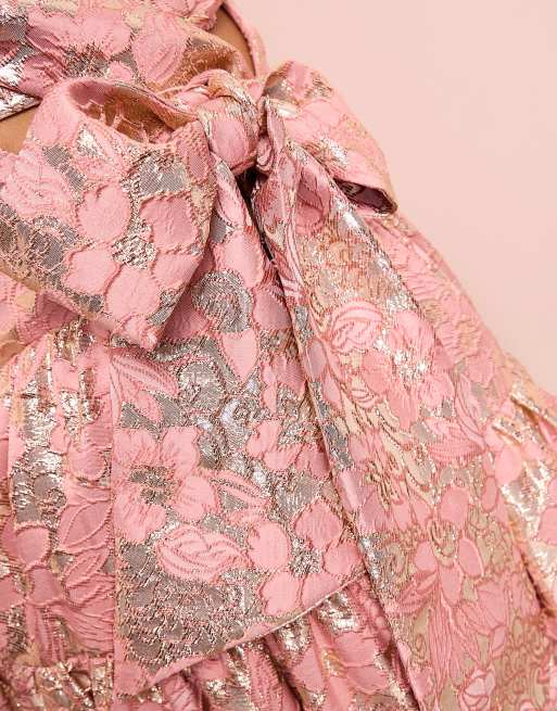 ASOS LUXE jacquard corsetted tiered skater mini dress in pink floral | ASOS