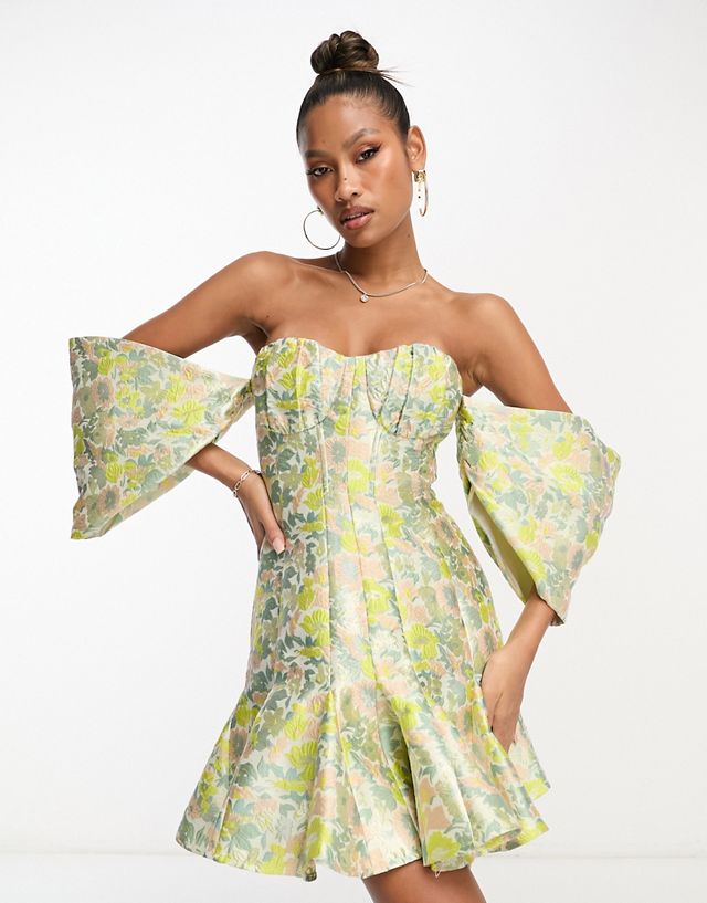 ASOS LUXE jacquard cupped off shoulder mini dress with godet detail in floral