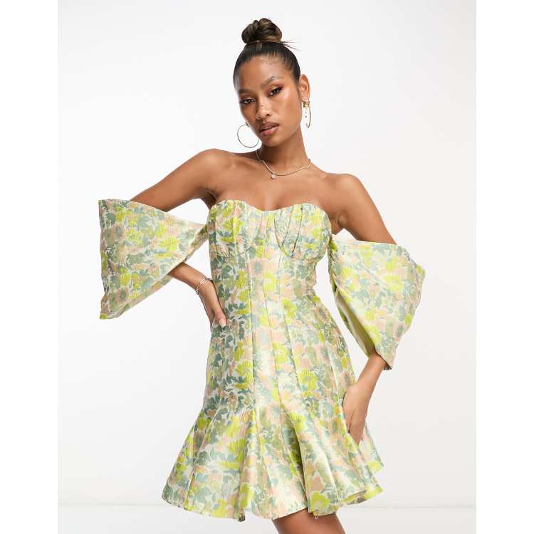 ASOS LUXE jacquard cupped off shoulder mini dress with godet 