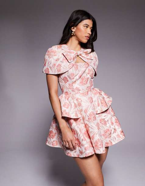 ASOS LUXE jacquard detachable cape mini dress in pink floral - view 1