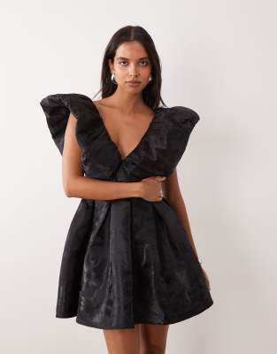 Asos Luxe Jacquard Extreme Ruffle Mini Dress In Black
