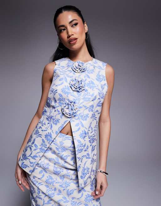 ASOS LUXE - Jacquard gilet met 3D bloemen in blauwe tapisserie bloemenprint, deel van co-ord set