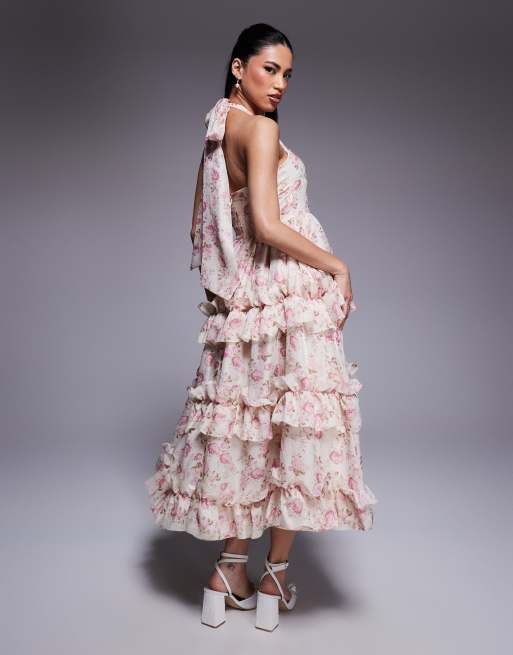 ASOS LUXE jacquard halter ruffle midi dress in floral print | ASOS