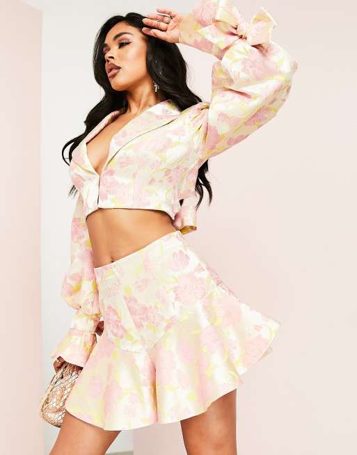 ASOS LUXE jacquard high waist flippy shorts with bow back detail in pink floral