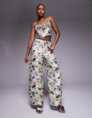 ASOS LUXE - Jacquard-Hose mit Blumenmuster und weitem, abgerundetem Bein, Kombiteil-Bunt