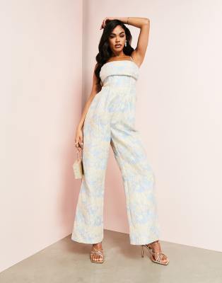 ASOS LUXE - Jacquard-Jumpsuit in Blau mit weitem Bein und Blumenmuster