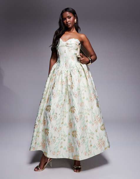 ASOS LUXE jacquard maxi dress with corset and bow back in pistachio floral - LGREEN - view 1