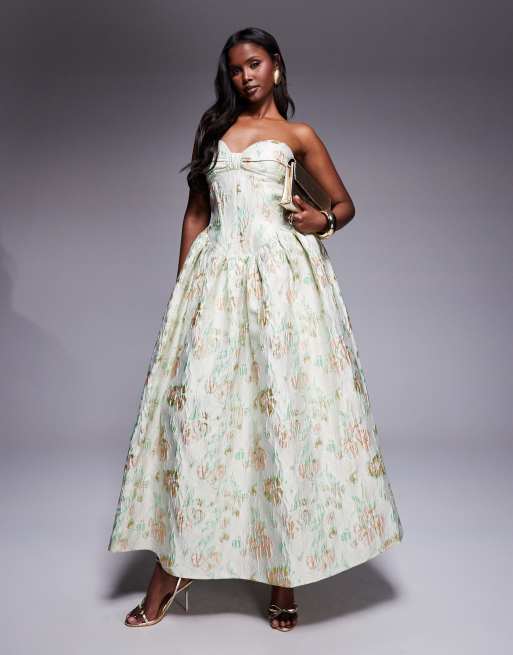 ASOS LUXE jacquard maxi dress with corset and bow back in pistachio floral - LGREEN