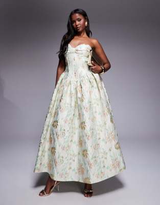 jacquard maxi dress with corset and bow back in pistachio floral-Green