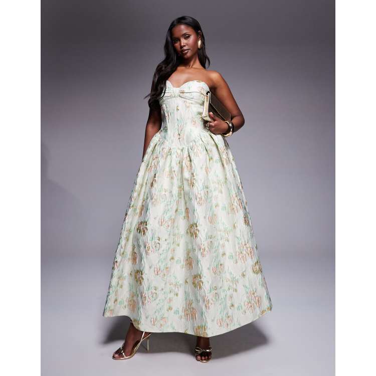 slim fit dress slacks Sage Floral Satin Lace Trim Deep V Maxi Dress main image 1