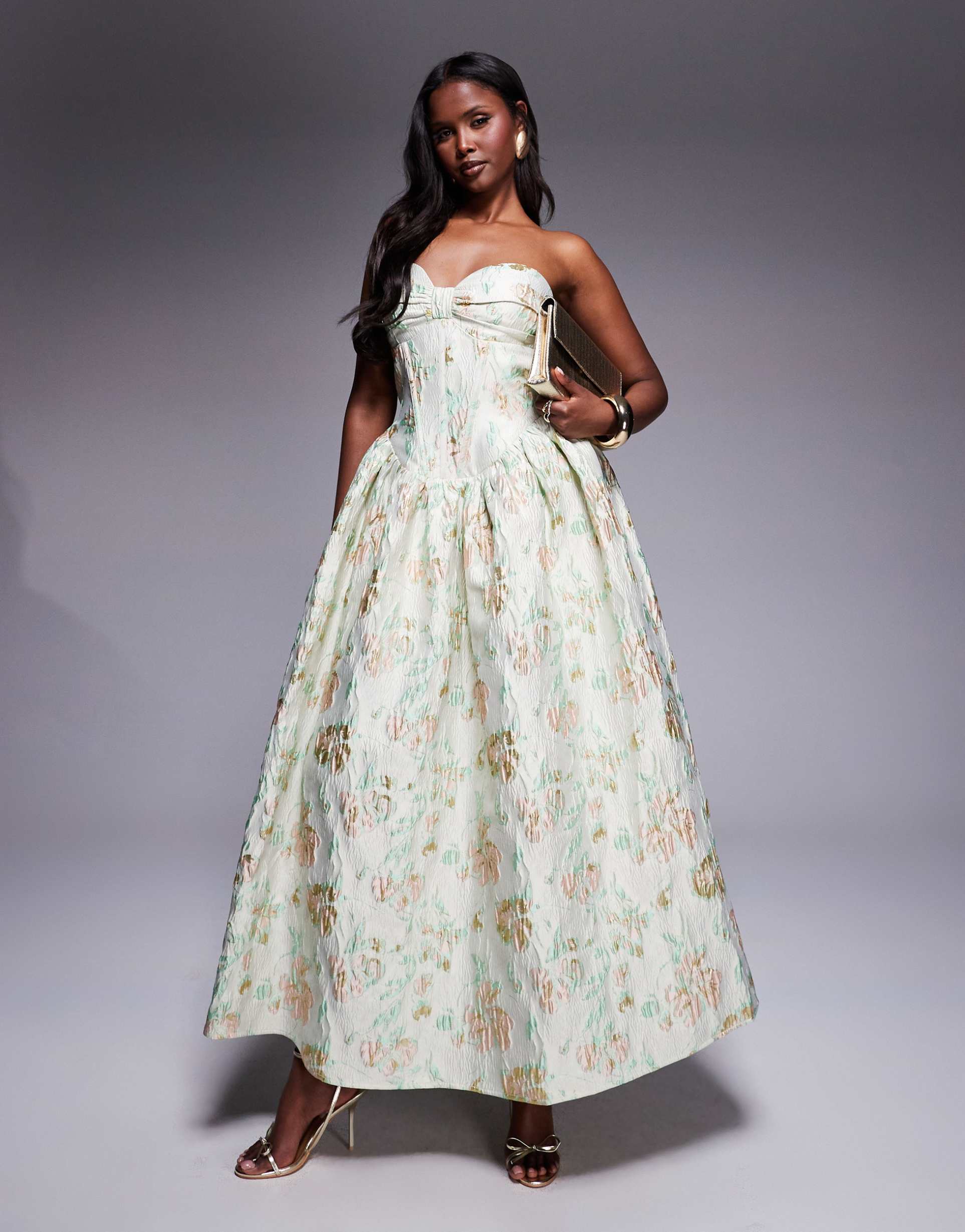 asos luxe jacquard maxi dress with corset and bow back in pistachio floral