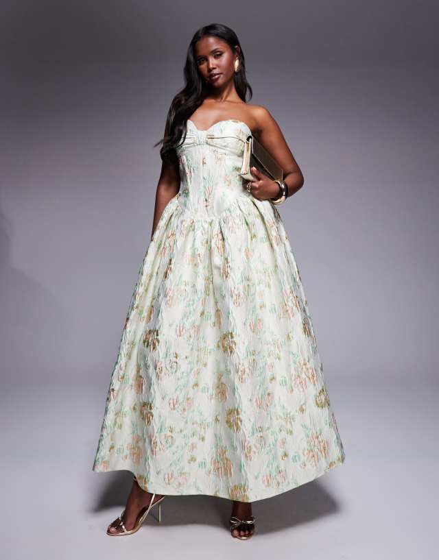 ASOS LUXE jacquard maxi dress with corset and bow back in pistachio floral