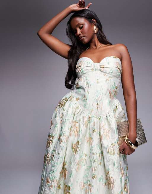 ASOS LUXE jacquard maxi dress with corset and bow back in pistachio floral