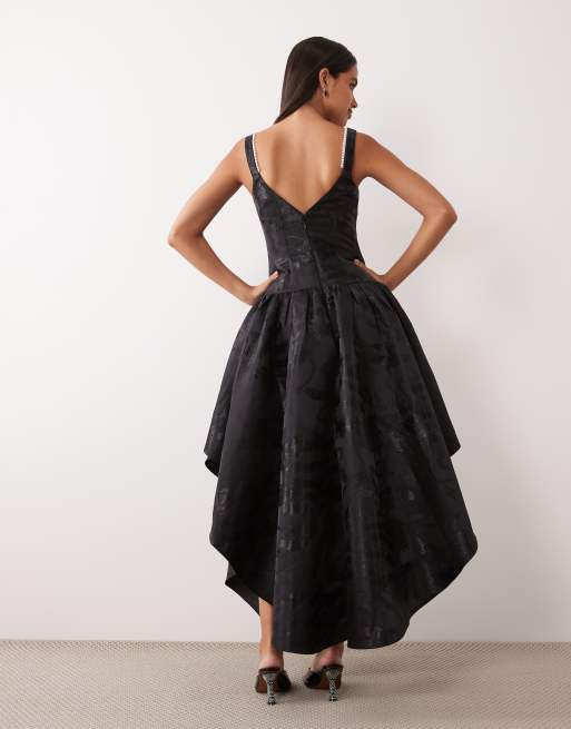 ASOS LUXE jacquard maxikjole med asymmetrisk kant og perlekant i sort, 4 af 4