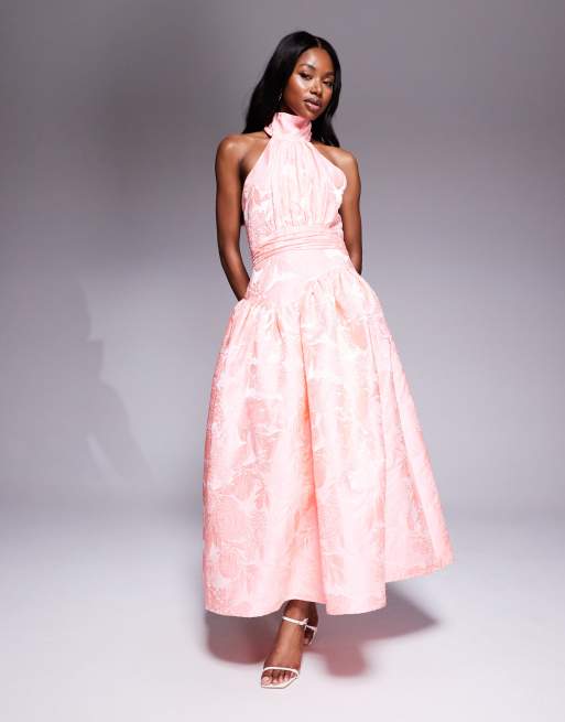 jacquard dress pink Embroidered Mini Dress-Pink Floral XL Crafted from jacquard fabric boasting a contrasting metallic floral print Jacquard Off Shoulder Dress-Pink