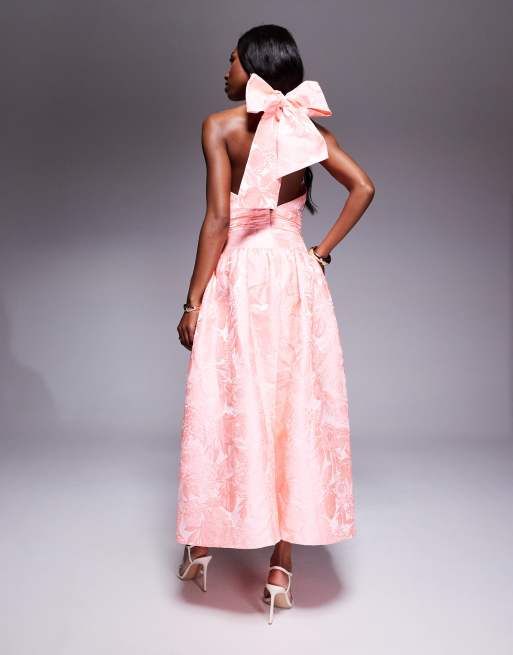 ASOS LUXE jacquard midaxi dress with bow in bright pink floral