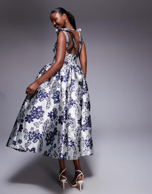 ASOS LUXE jacquard midi dress with full skirt in blue floral