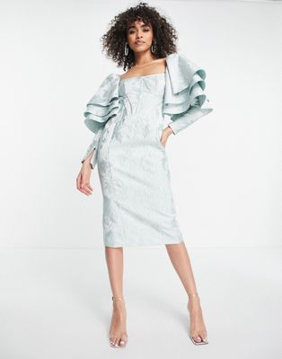 ASOS LUXE jacquard midi dress with triple ruffle shoulder in seafoam - ASOS Price Checker