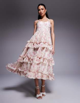 ASOS LUXE - Jacquard-Midikleid mit Neckholder, Rüschen und Blumenmuster-Weiß