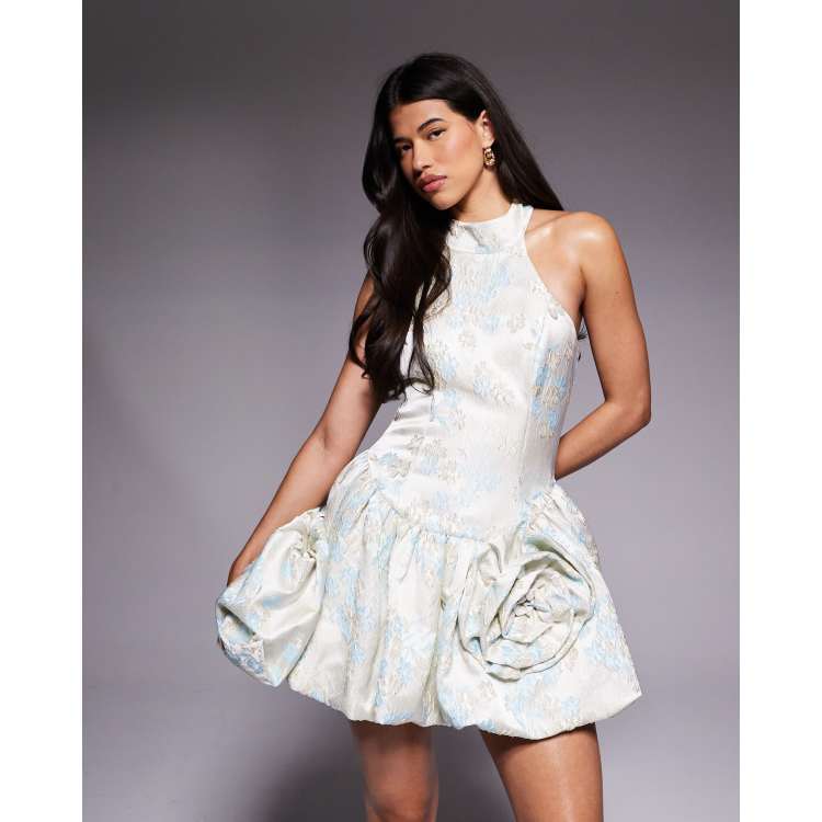 ASOS LUXE jacquard mini dress with bubble hem with tie neck in
