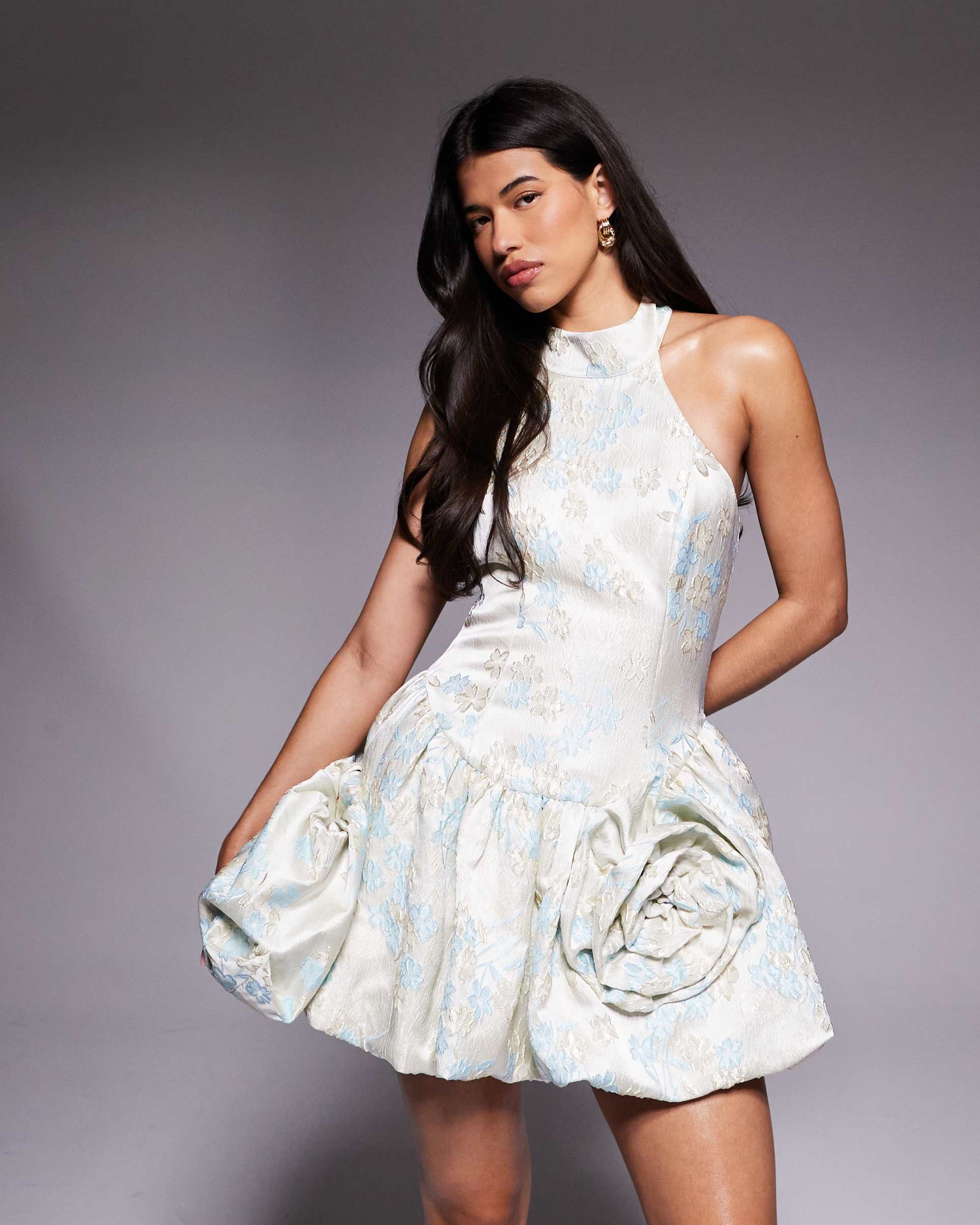 asos luxe jacquard mini dress with bubble hem with tie neck in white & blue