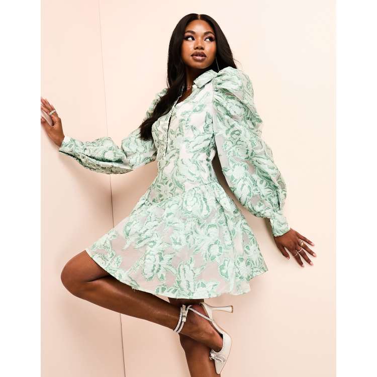 etoll. Jacquard puff sleeve dress グリーン ジャガードパフスリーブドレス｜パーティードレス・結婚式