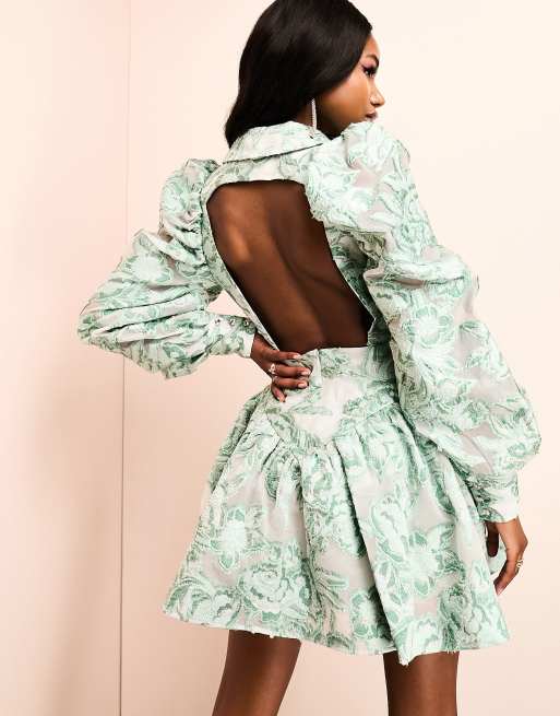 asos green jacquard dress Asos Luxe Jacquard Bardot Fan Top Long Sleeve Mini Dress In Green Print