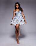 [ASOS LUXE] ASOS LUXE jacquard mini dress with corset and bow back in capri floral-Blue 14 BLUE