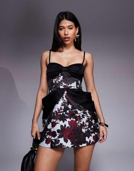 ASOS LUXE jacquard mini dress with exaggerated bow and removable straps in red floral
