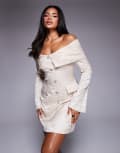 [ASOS LUXE] ASOS LUXE jacquard off shoulder blazer dress in cream floral-White 14 CREAM