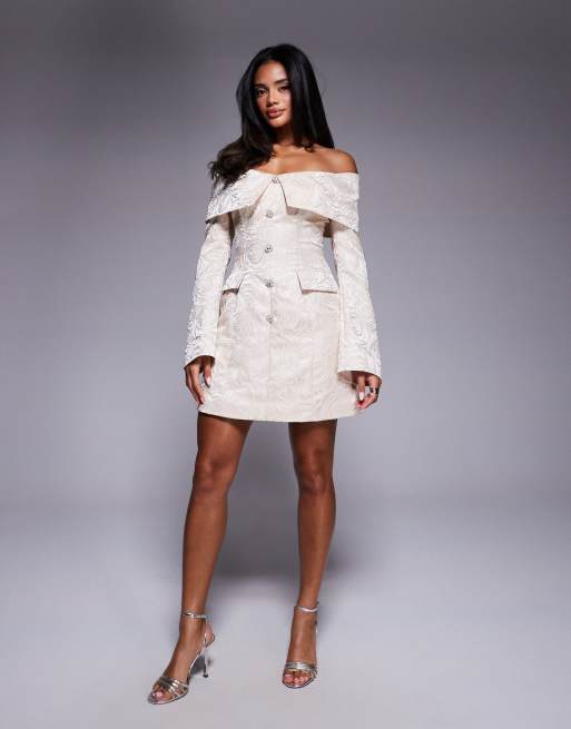 ASOS LUXE jacquard off shoulder blazer dress in cream floral, 4 of 4