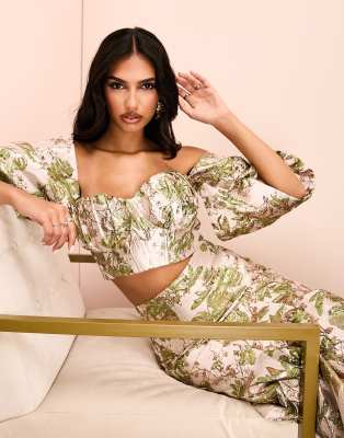 jacquard off shoulder crop top in green and gold floral - part of a set