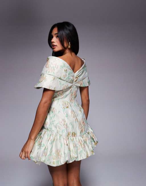 ASOS LUXE jacquard off shoulder mini dress with bubble hem in pistachio floral