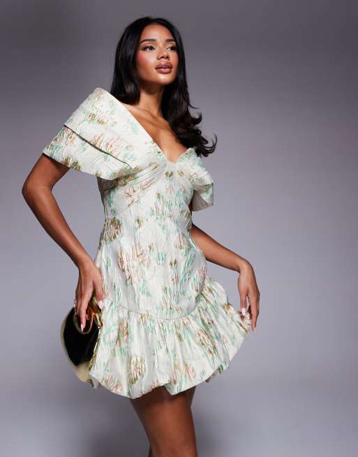 ASOS LUXE jacquard off shoulder mini dress with bubble hem in pistachio floral