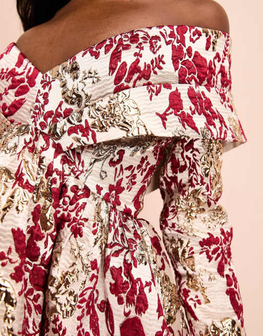 ASOS LUXE jacquard off-shoulder mini skater dress in burgundy & gold floral  print