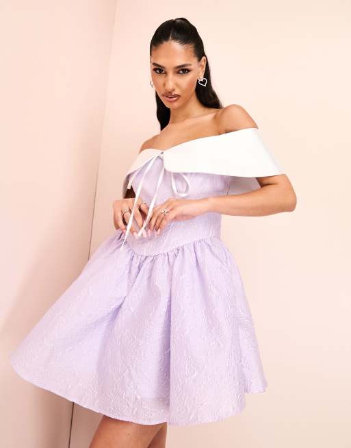 ASOS LUXE jacquard off shoulder satin collared skater mini dress in purple ASOS