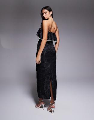 Asos Luxe Jacquard Off The Shoulder Midi Dress With Faux-pearl Trim In Black