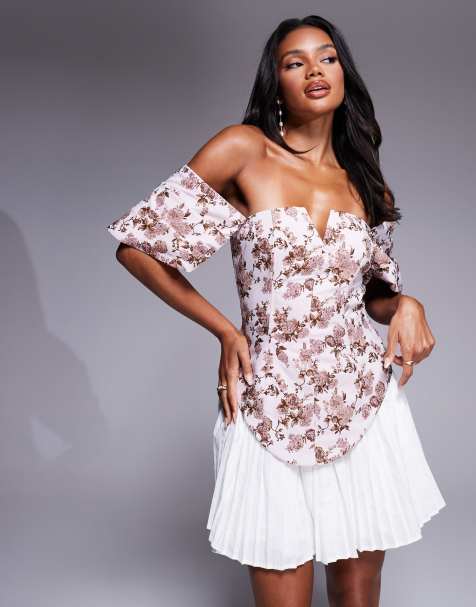 ASOS LUXE jacquard off the shoulder mini dress with pleated poplin skirt in tapestry floral - view 1