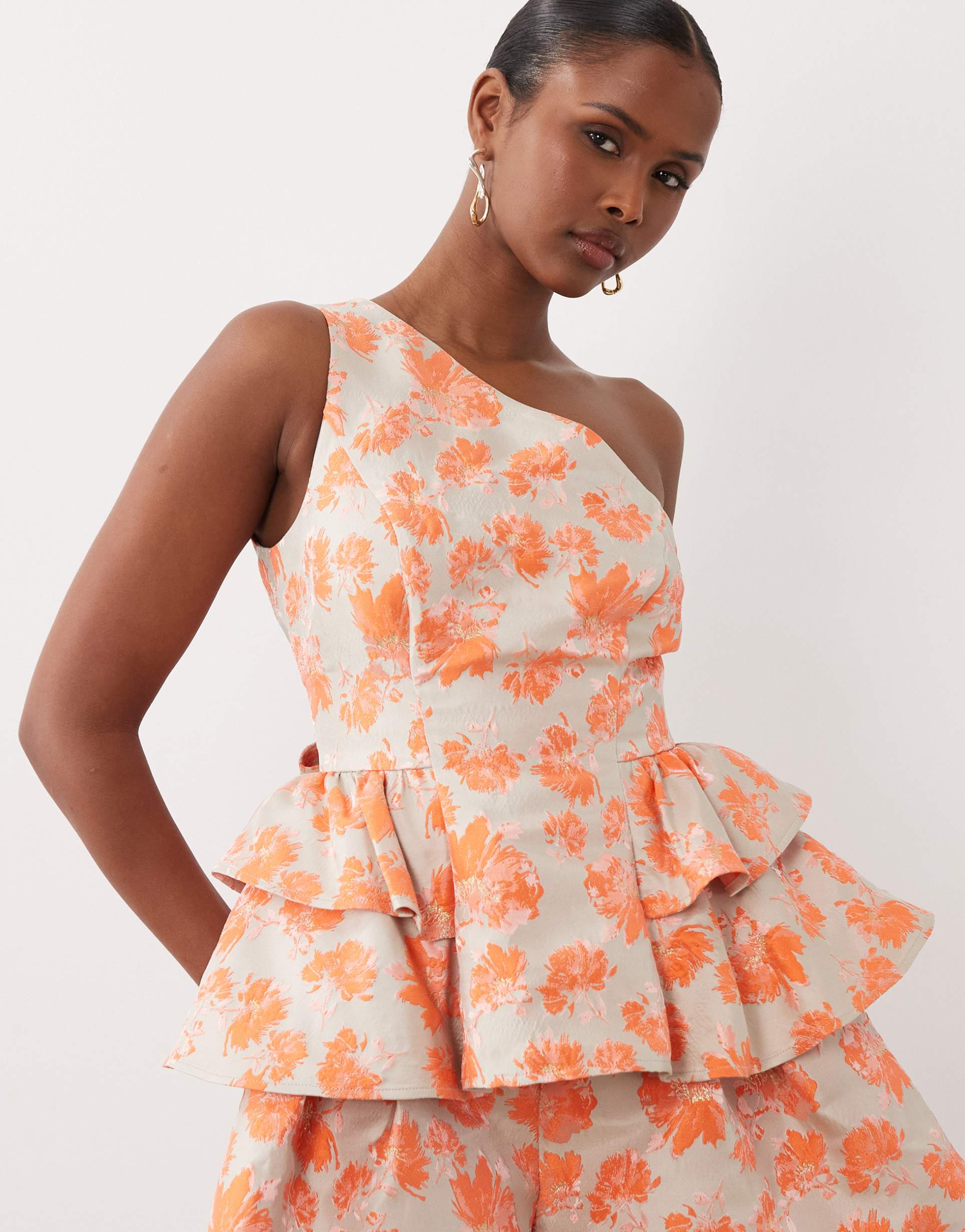 asos luxe jacquard one shoulder top in orange & gray - part of a set