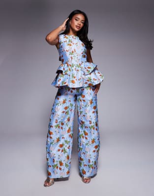 ASOS LUXE jacquard peplum top with bow back and jacquard barrel trouser in capri floral - view 1