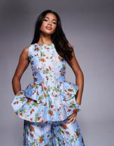 ASOS LUXE jacquard peplum top with bow back and jacquard