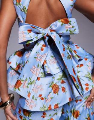 Asos Luxe Jacquard Peplum Top With Bow Back