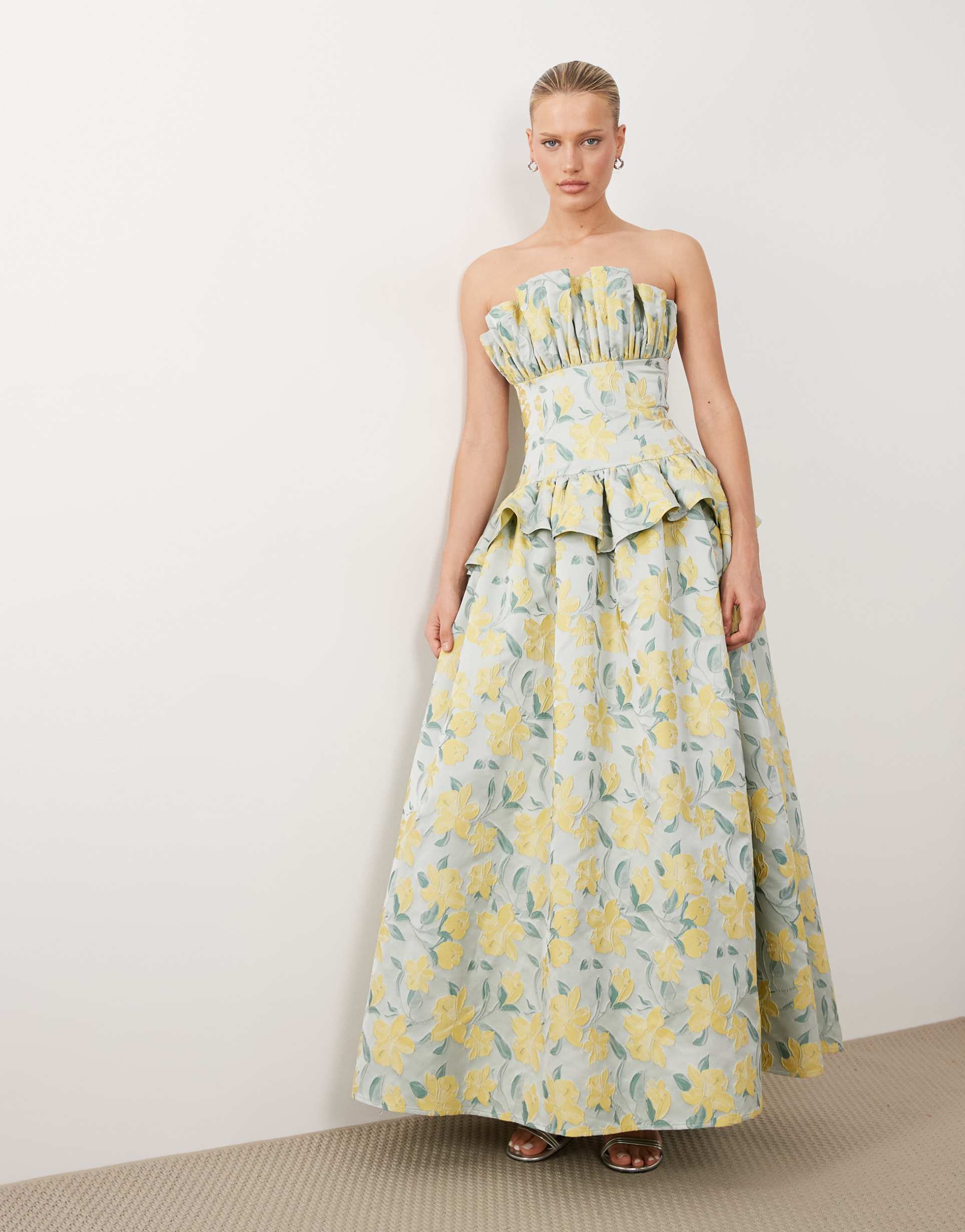 asos luxe jacquard pleated bandeau maxi dress in yellow and blue
