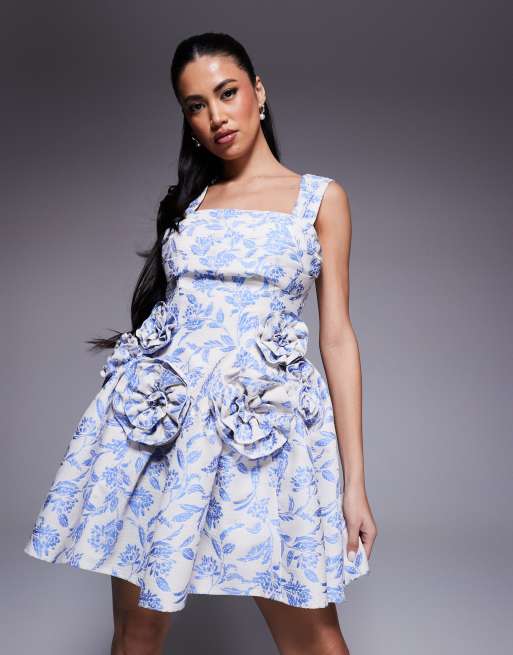 ASOS LUXE jacquard pleated bust mini skater dress with corsages in tapestry floral