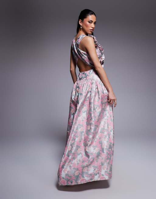 ASOS LUXE jacquard plunge drop waist corsage maxi dress in delicate floral