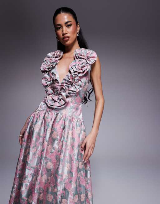 ASOS LUXE jacquard plunge drop waist corsage maxi dress in delicate floral