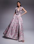 [ASOS LUXE] ASOS LUXE jacquard plunge drop waist corsage maxi dress in ditsy floral-Pink 16 PINK