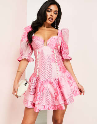 ASOS LUXE ASOS LUXE jacquard plunge mini dress with tiered hem & puff sleeve in pink
