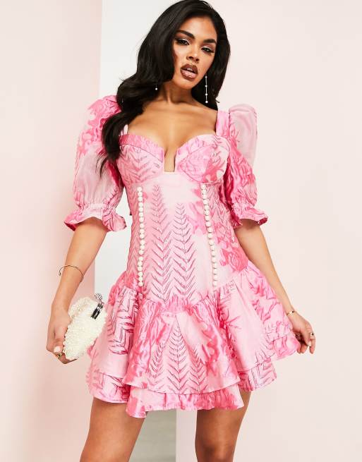 ASOS LUXE jacquard plunge mini dress with tiered hem & puff sleeve in pink